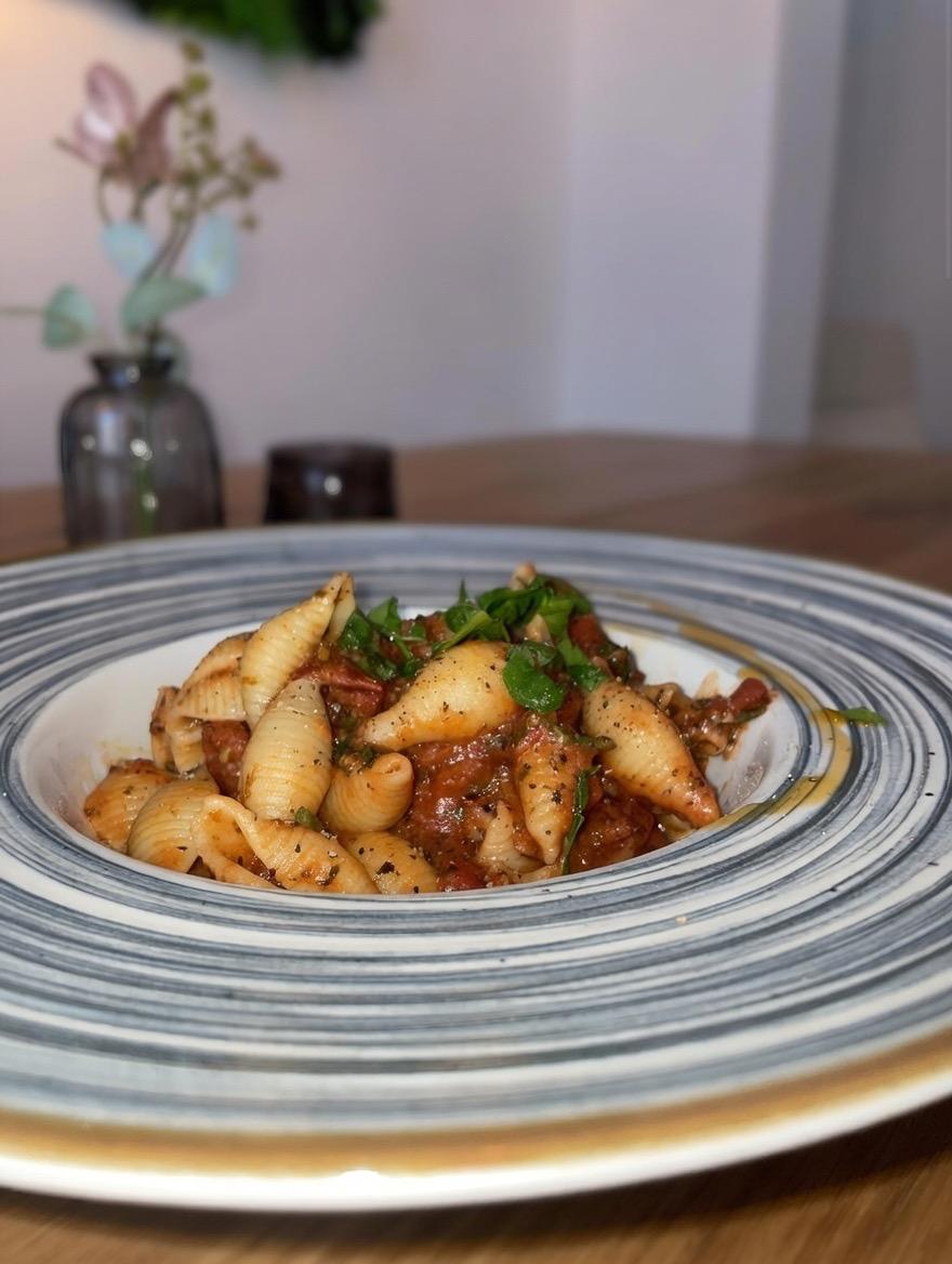 Muschel-Pasta auf einem Teller mit Tomatensauce